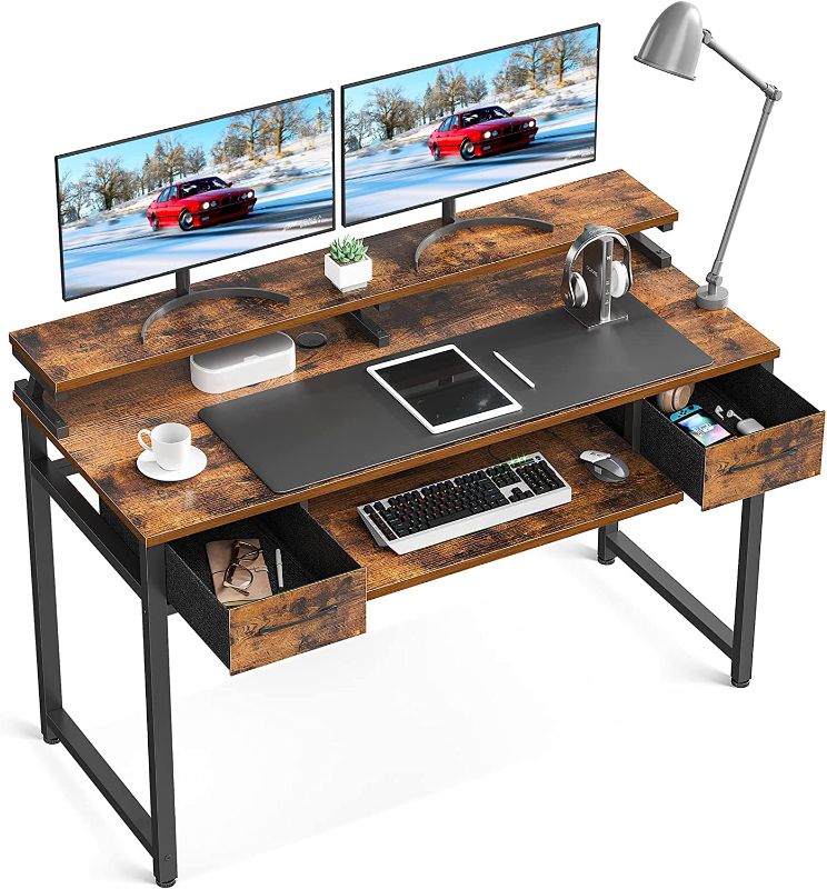 Photo 1 of ODK Computer Desk with Keyboard Tray, 47 inch Home Office Desk with Drawers, Modern Work Study PC Desk with Monitor Shelf, Rustic Brown
