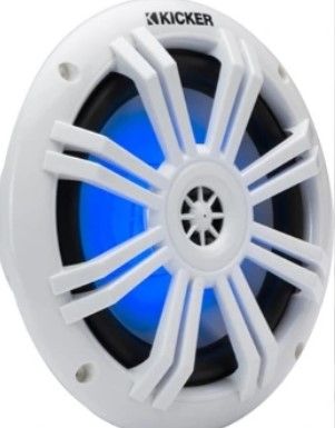 Photo 1 of KICKER® KM-Series White 6.5" Blue-LED Coaxial Marine Speaker
