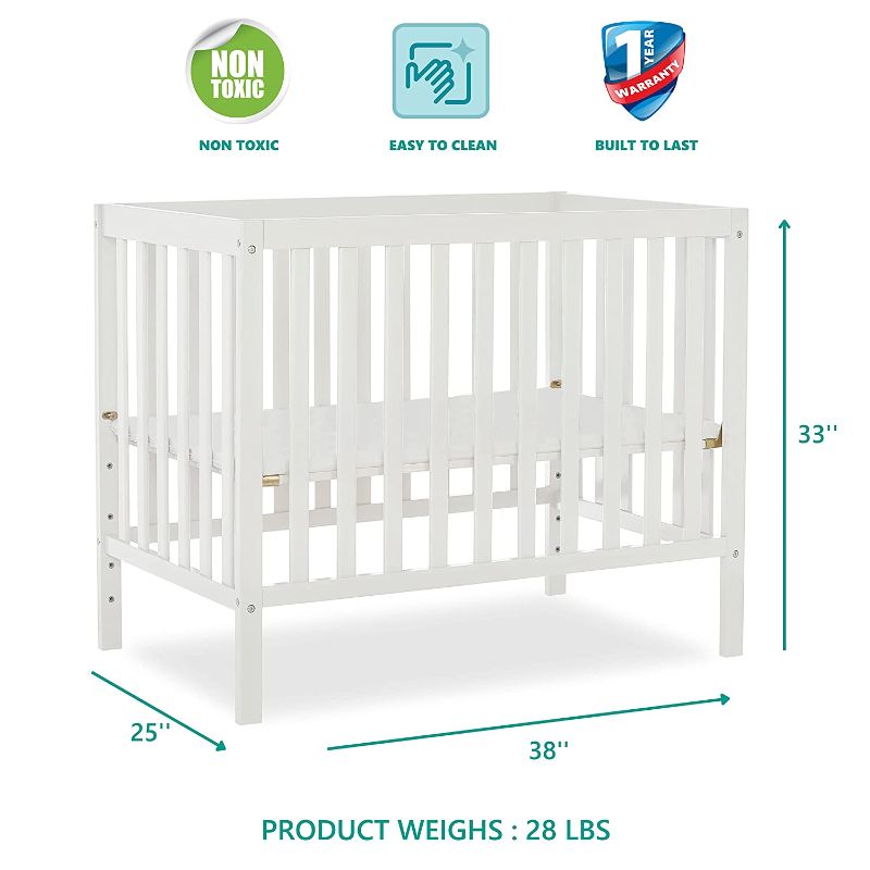 Photo 1 of Dream On Me Edgewood 4-In-1 Convertible Mini Crib In White, JPMA Certified, Non-Toxic Finish, New Zealand Pinewood, With 3 Mattress Height Settings, Included 1" Mattress Pad
