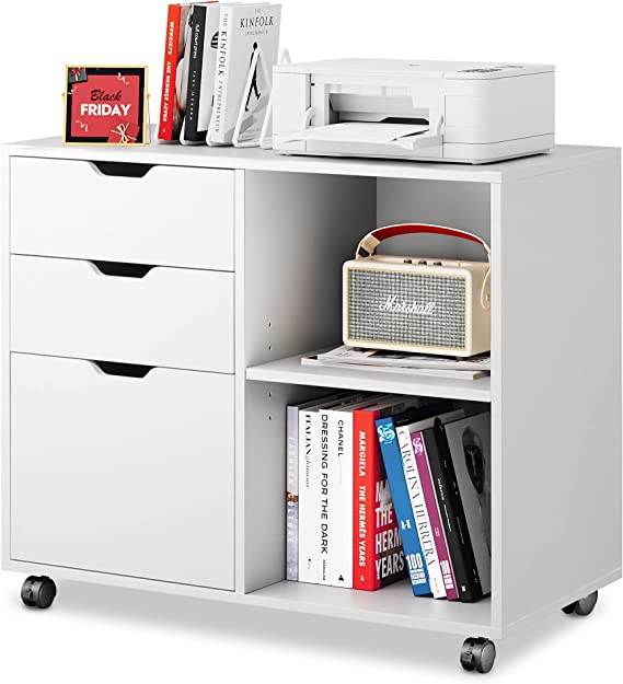 Photo 1 of DEVAISE 3-Drawer Wood File Cabinet, Mobile Lateral Filing Cabinet, Printer Stand with Open Storage Shelves for Home Office, White
