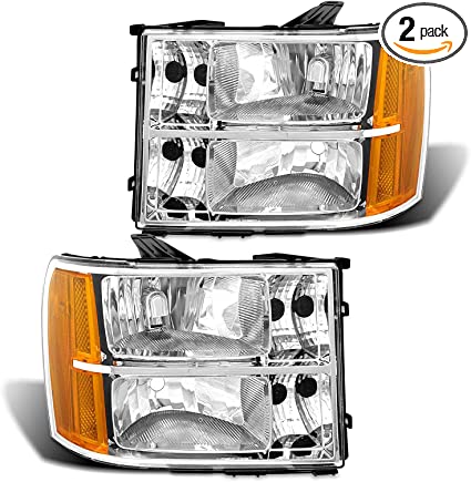 Photo 1 of 2007-2014 Sierra Headlight Assembly compatible with 07-13 GMC Sierra 1500 / 07-14 GMC Sierra 2500HD 3500HD Chrome Housing with Amber Reflector Headlamp Replacement Left and Right