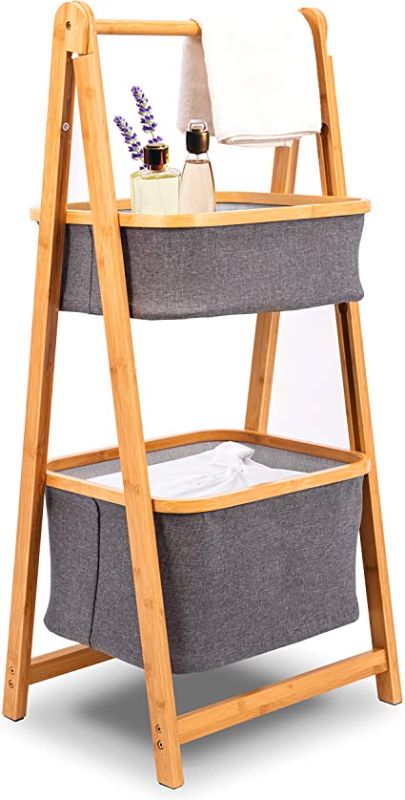 Photo 1 of 2 Tier Fold Out Floor Standing Bathroom Storage Tower Shelf Collapsible Hamper Shelves Bamboo Wooden Drawers Small Ladder Organizer Shelving Corner Stand Unit for Bedroom Laundry Room Towel
