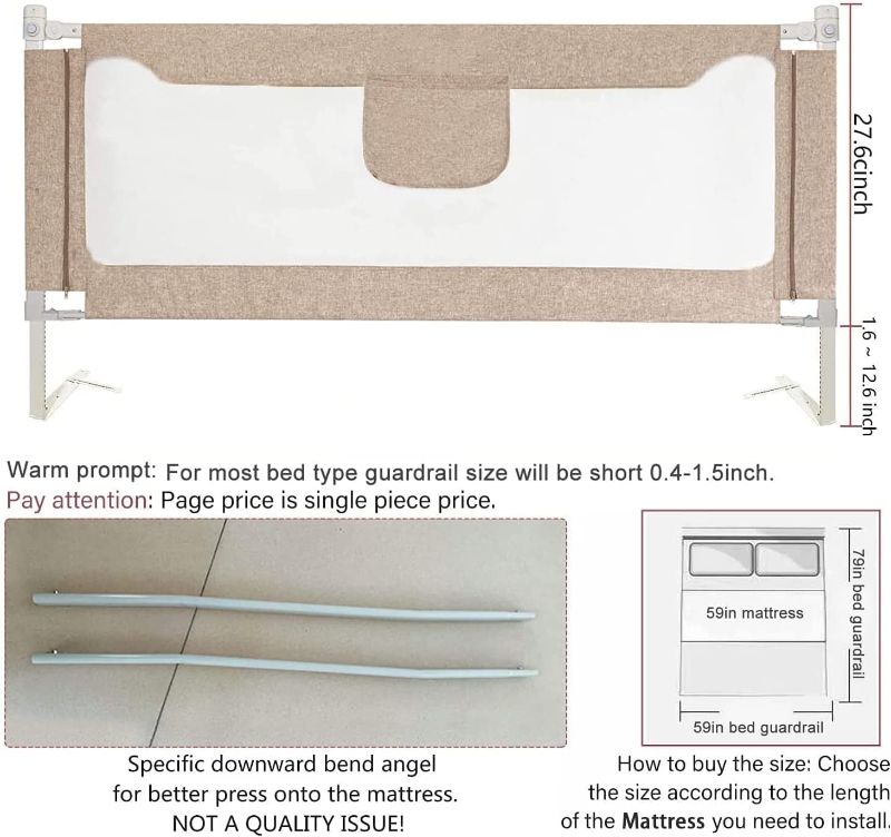 Photo 1 of Bed Rails for Toddlers, Extra Tall Specially Designed for Twin, Full, Queen, King Size - Safety Bed Guard Rails for Kids (One Side 59" x 27", Khaki)