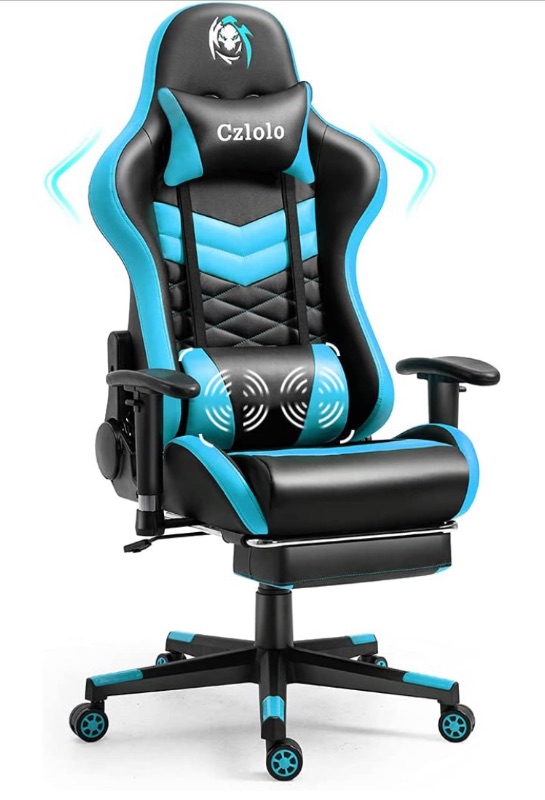 Photo 1 of Czlolo Gaming Chair With Footrest and Massage, PU Leather Racing Style Ergonomic Silla Gamer PC Computer Chair, Cheap Big and Tall Reclining Office Desk Chair for Adults/Teens/Heavy People, Teal+Black