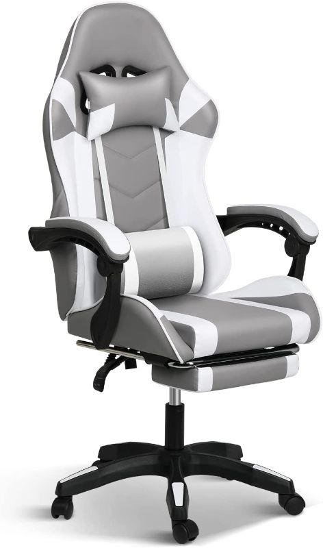 Photo 1 of YSSOA Gaming Office High Back Computer Ergonomic Adjustable Swivel Chair with Headrest and Lumbar Support with Footrest Grey/White
