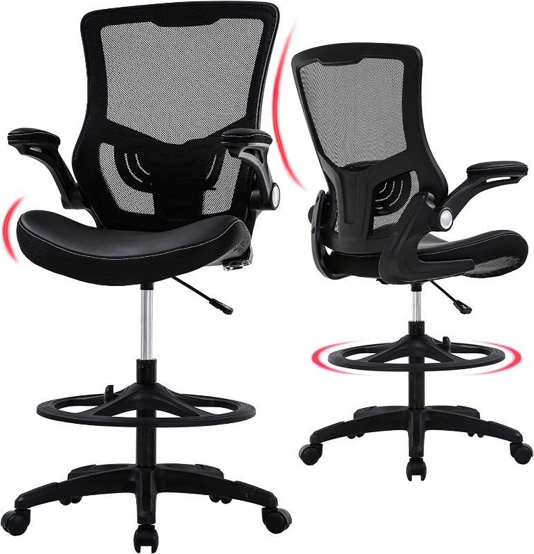 Photo 1 of FDW Drafting Chair Mid-Back Mesh Tall Office Chair with Flip-Up Arms Desk Chair with Ergonomic Lumbar Support Foot Ring,Black
