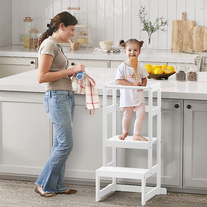 Photo 1 of AMBIRD Toddler Step Stool, 3 Adjustable Height Kitchen Step Stool for 18-48 Months Kids, Wooden Toddler Kitchen Stool with Rail & Non-Slip Mat for Kitchen & Bathroom Sink (White)
