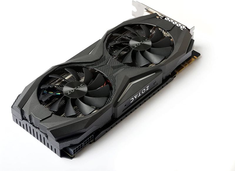 Photo 1 of ZOTAC GeForce GTX 1080 AMP! Edition, ZT-P10800C-10P, 8GB GDDR5X Ice Storm Cooling, Metal Wraparound Carbon ExoArmor exterior, Ultra-wide 100mm Fans Gaming Graphics Card