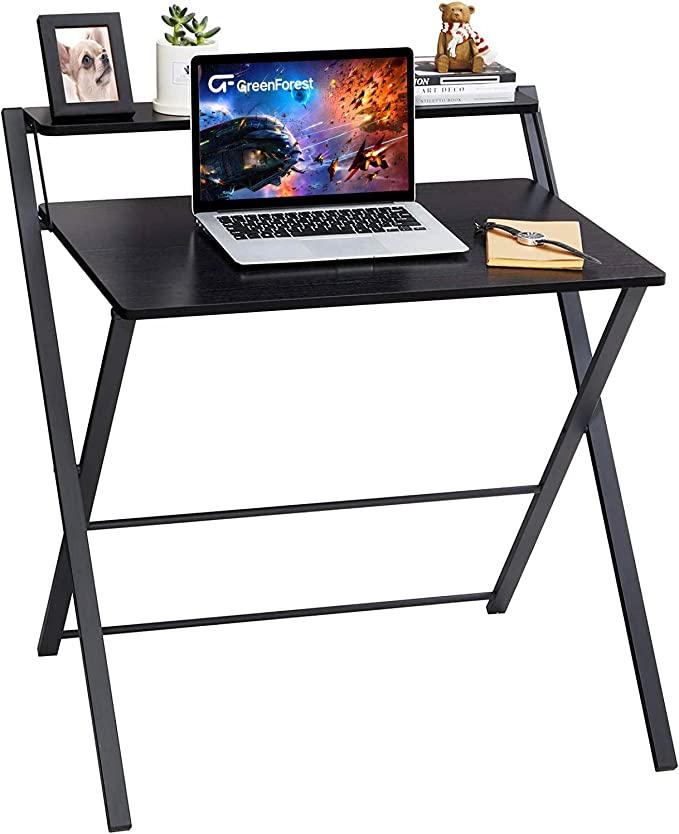 Photo 1 of GreenForest Folding Desk No Assembly Required 29.5 x 20.47 inch, Small Computer Desk with 2-Tier Shelf Laptop Foldable Table for Small Spaces, Black
