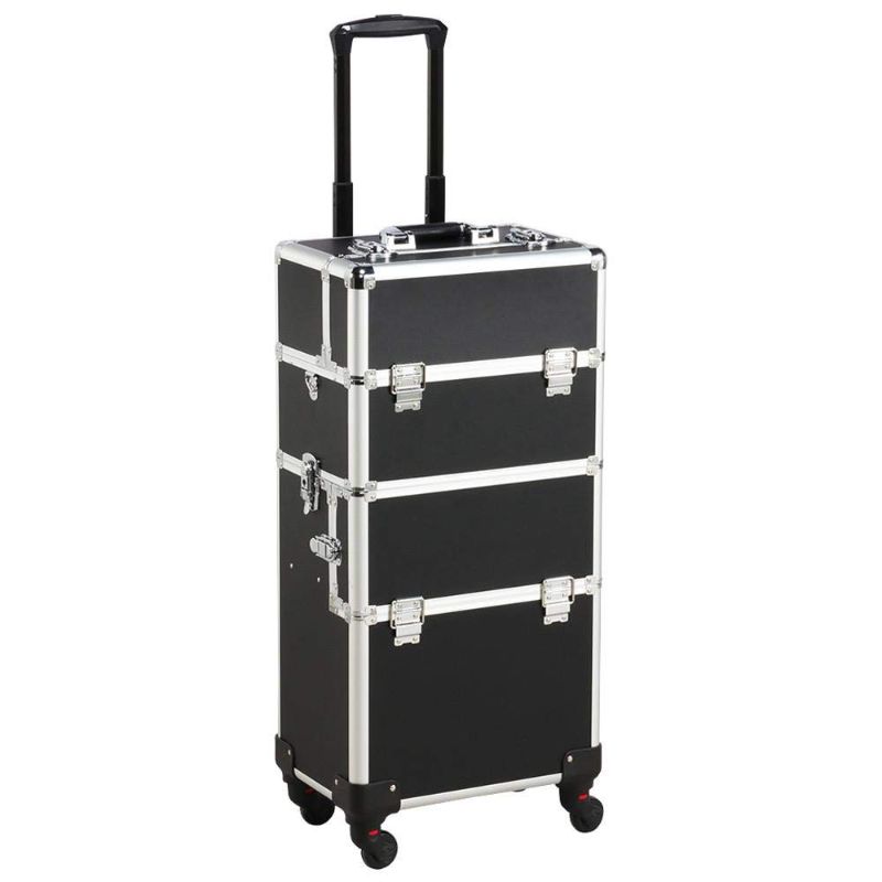 Photo 1 of Rolling Makeup Train Case Cosmetic Makeup Case Large Aluminum Trolley Makeup Travel Case Professional Rolling Cosmetic Beauty Storage, with 360° Swivel Wheels, Black