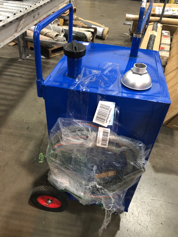 Photo 2 of VEVOR 30 Gallon Fuel Caddy, Gas Storage Tank & 4 Wheels, with Manuel Transfer Pump, Gasoline Diesel Fuel Container for Cars, Lawn Mowers, ATVs, Boats, More, Blue