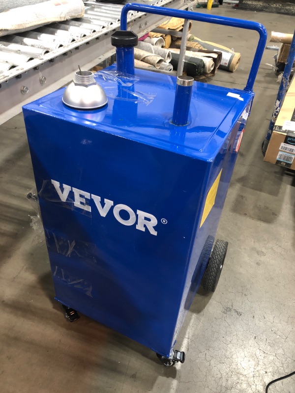 Photo 3 of VEVOR 30 Gallon Fuel Caddy, Gas Storage Tank & 4 Wheels, with Manuel Transfer Pump, Gasoline Diesel Fuel Container for Cars, Lawn Mowers, ATVs, Boats, More, Blue