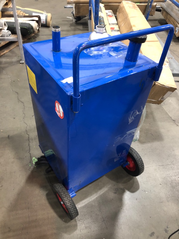 Photo 4 of VEVOR 30 Gallon Fuel Caddy, Gas Storage Tank & 4 Wheels, with Manuel Transfer Pump, Gasoline Diesel Fuel Container for Cars, Lawn Mowers, ATVs, Boats, More, Blue