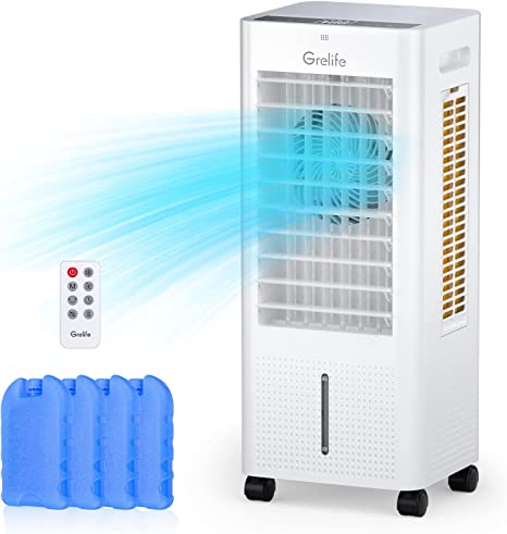 Photo 1 of Grelife Portable Evaporative Air Cooler, 3-IN-1 Oscillation Air Cooler with Fan & Humidifier, 3 Wind Speeds, 3 Modes, 12H Timer, LED Display, 1.58 Gal Water Tank and 4 Ice Packs for Bedroom Living Room Office Garage
