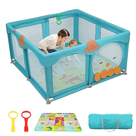 Photo 1 of Flying Ideas Baby Playpen with Play Mat , Large Play Yard for Baby, Cartoon Upgraded Safety Playpen for Babies and Toddlers, Toddler Playpen, Octopus, 50”×50” (Blue)
