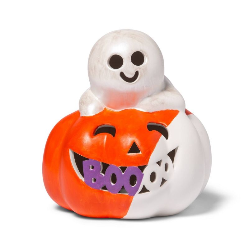 Photo 1 of 3PK-Lit Ceramic Pumpkin Large Ghost - Mondo Llama™
