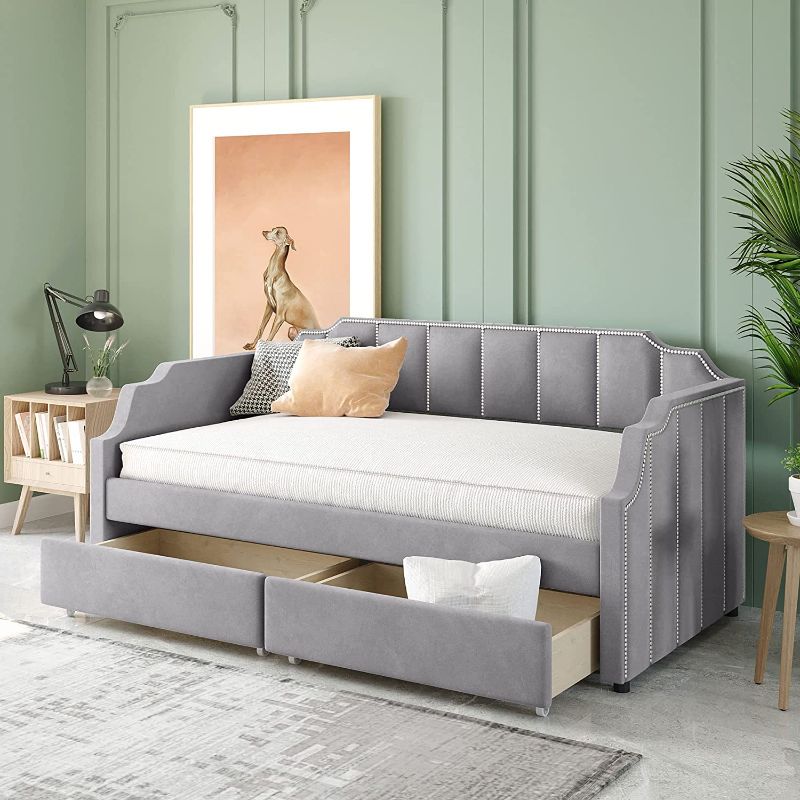 Photo 1 of **MISSING BOX** MERAX MODERN VELVET DAYBED UPHOLSTERED SOFA BED WITH DRAWERS, WOOD SLAT SUPPORT, TWIN, GRAY
