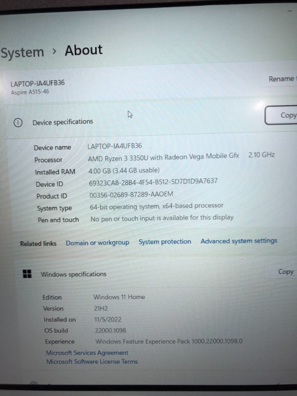 Photo 1 of Acer Aspire 5 A515-46-R3UB | 15.6" Full HD IPS Display | AMD Ryzen 3 3350U Quad-Core Mobile Processor | 4GB DDR4 | 128GB NVMe SSD | WiFi 6 | Backlit KB | FPR | Amazon Alexa | Windows 11 Home in S mode
