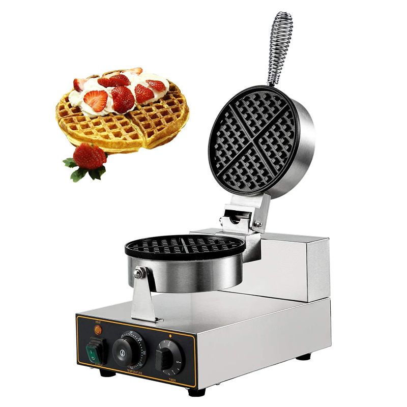 Photo 1 of VBENLEM Commercial Round Waffle Maker Nonstick 1100W Stainless Steel 110V Temperature and Time Control, Suitable for Restaurant Bakeries Snack Bar Family, Non-rotated
