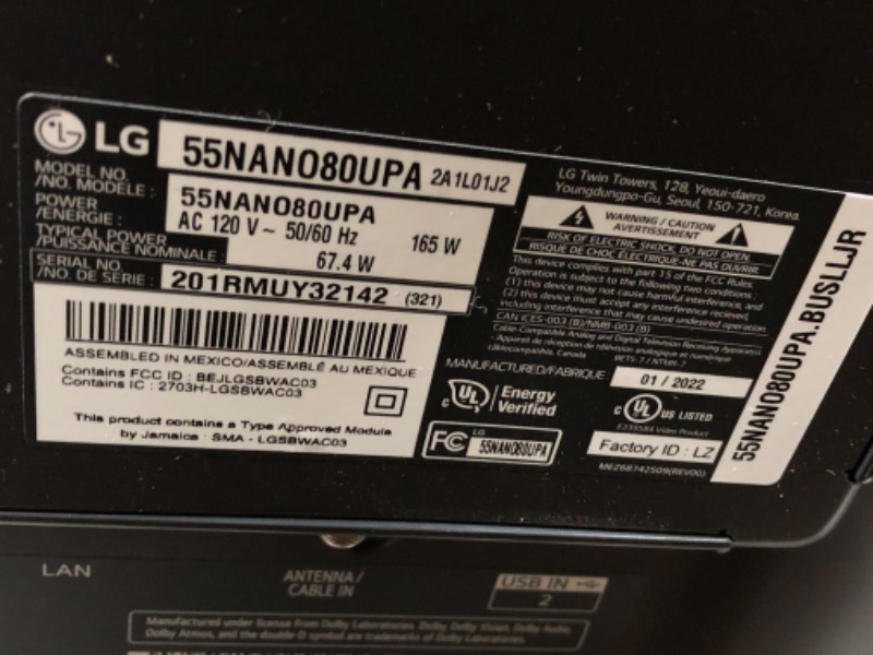 Photo 2 of INCOMPLETE LG NanoCell 80 Series 55” Alexa Built-in 4k Smart TV (3840 x 2160), Refresh Rate 60Hz, AI-Powered 4K Ultra HD (55NANO80UPA, 2021)
**MISSING 1 LEG** 