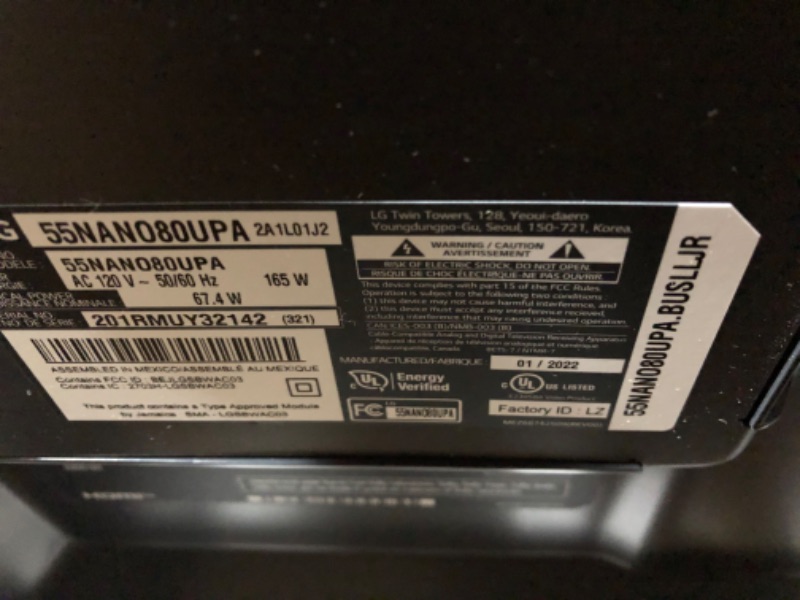 Photo 3 of INCOMPLETE LG NanoCell 80 Series 55” Alexa Built-in 4k Smart TV (3840 x 2160), Refresh Rate 60Hz, AI-Powered 4K Ultra HD (55NANO80UPA, 2021)
**MISSING 1 LEG** 