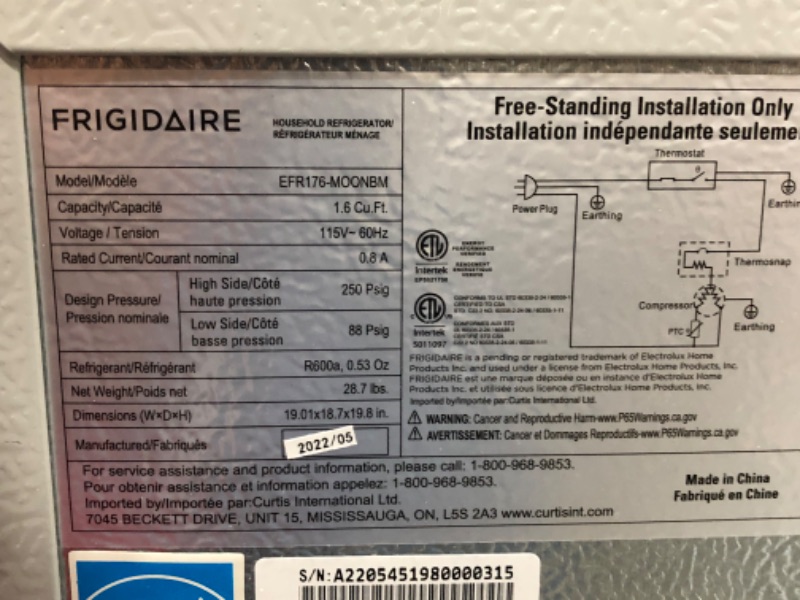 Photo 5 of INCOMPLETE Frigidaire EFR176-MOONBM 1.6 cu ft Moonbeam Retro Fridge with Side Bottle Opener. for The Office, Dorm Room or Cabin
**MISSING BOTTLE OPENER**