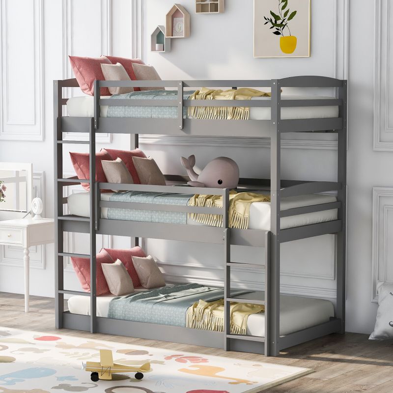 Photo 1 of (NOT FUNCTIONAL; INCOMPLETE; BOX2OF2; REQUIRES BOX1 FOR COMPLETION) KALEFU Solid Wood Triple Bunk Bed for Kids Girls Boys, Separable, No Box Spring Needed, Twin Over Twin Over Twin, Gray
