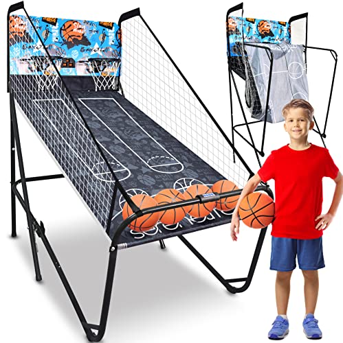 Photo 1 of Dual Hoop Basketball Shootout Indoor Home Arcade Room Game with Electronic LED Digital Double Basket Ball Shot Scoreboard and Play Timer Fold-up Court
