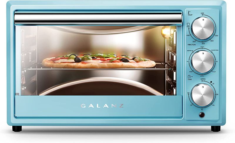 Photo 1 of **SMALL DENTS** Galanz Large 6-Slice True Convection Toaster Oven, 8-in-1 Combo Bake, Toast, Roast, Broil, 12” Pizza, Dehydrator with Keep Warm Setting, Retro Blue
