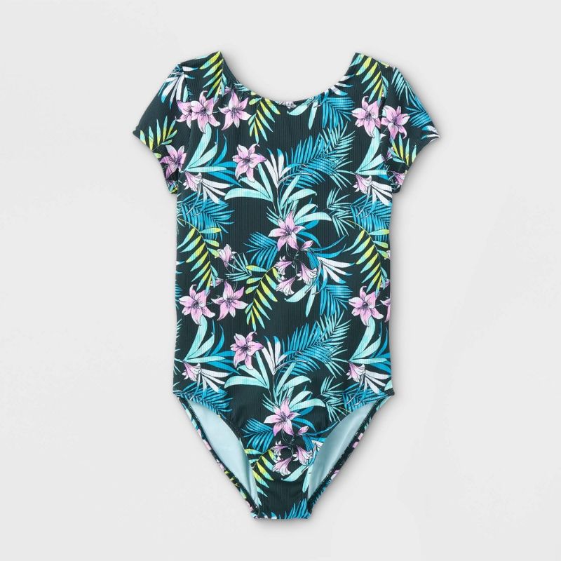 Photo 1 of Girs' Tropica Print Open-Back Short Seeve One Piece Swimsuit - Art Cass SIZE LARGE