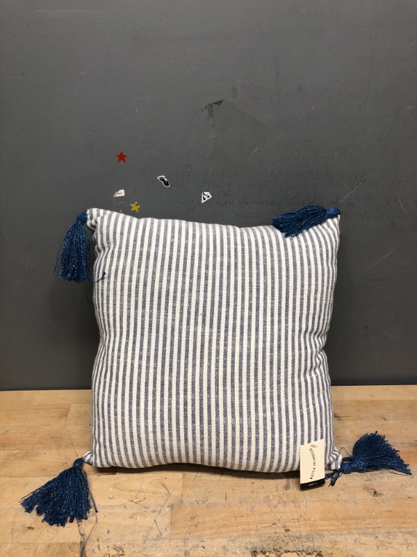 Photo 1 of 12" x 12" Woven Slub Stripe Throw Pillow with Tassels Gray/White - Hearth & Hand™ with Magnolia
