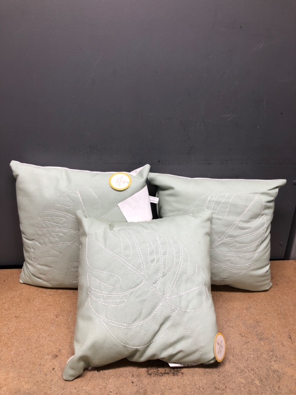 Photo 1 of 3 Sets of Bullseyes Playground Light Green/Cream Stitched Leaf Print Decorative Pillows 14" x 14"
