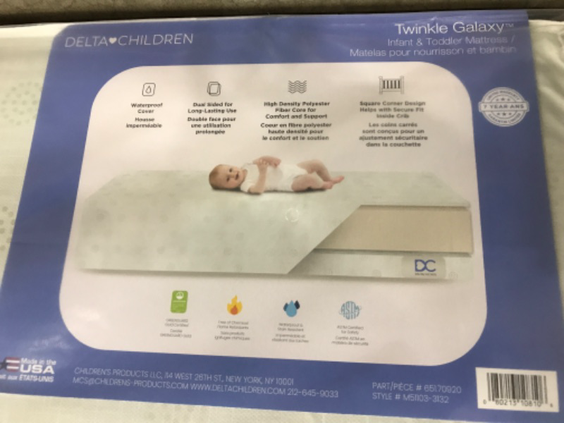 Photo 1 of Delta Children Twinkle Galaxy Dual Sided Crib and Toddler Mattress - Premium Sustainably Sourced Fiber Core - Waterproof - GREENGUARD Gold Certified (Non-Toxic) - 7 Year Warranty - Made in USA