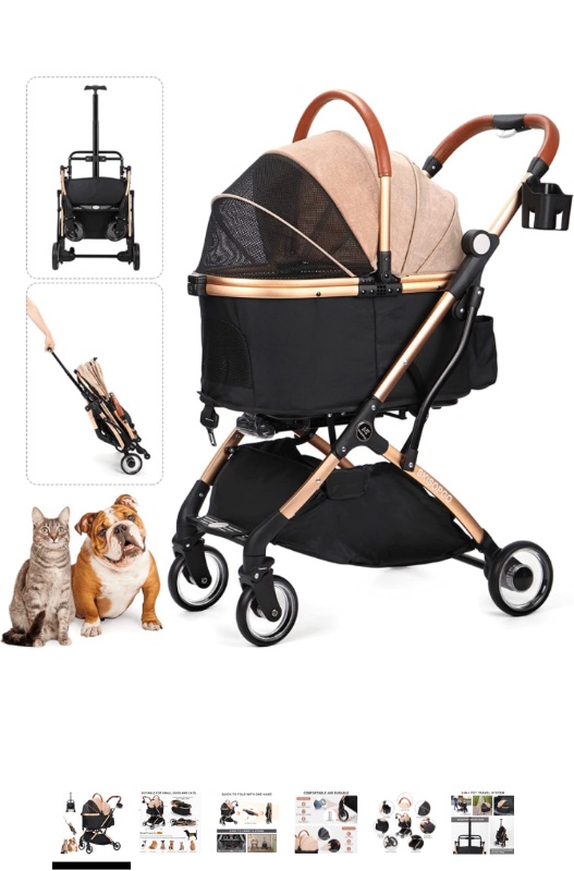 Photo 1 of SKISOPGO 3 in 1 Foldable Pet Stroller for Small Medium Dogs Cats, No-Zip Dog Stroller with Detachable Carrier, Push Button, Luxury Pet Gear Stroller for Puppy Travel (Khaki)