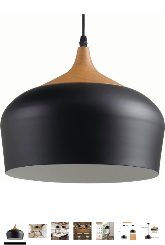 Photo 1 of Modern Pendant Light Fixture, D11.4 Black Metal Lampshade Wood Pattern Dome Minimalist Industrial Ceiling Hanging Light for Kitchen Island, Dining Room, Living Room, Bedroom Restaurant
