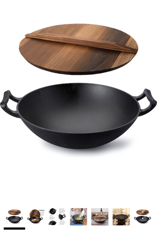 Photo 1 of WUWEOT 14" Cast Iron Wok with Handles and Wooden Lid, Pre-Seasoned Nonstick Iron Deep Frying Pan for Stir-Fry, Grilling, Frying, Steaming, Restaurant Chef Quality