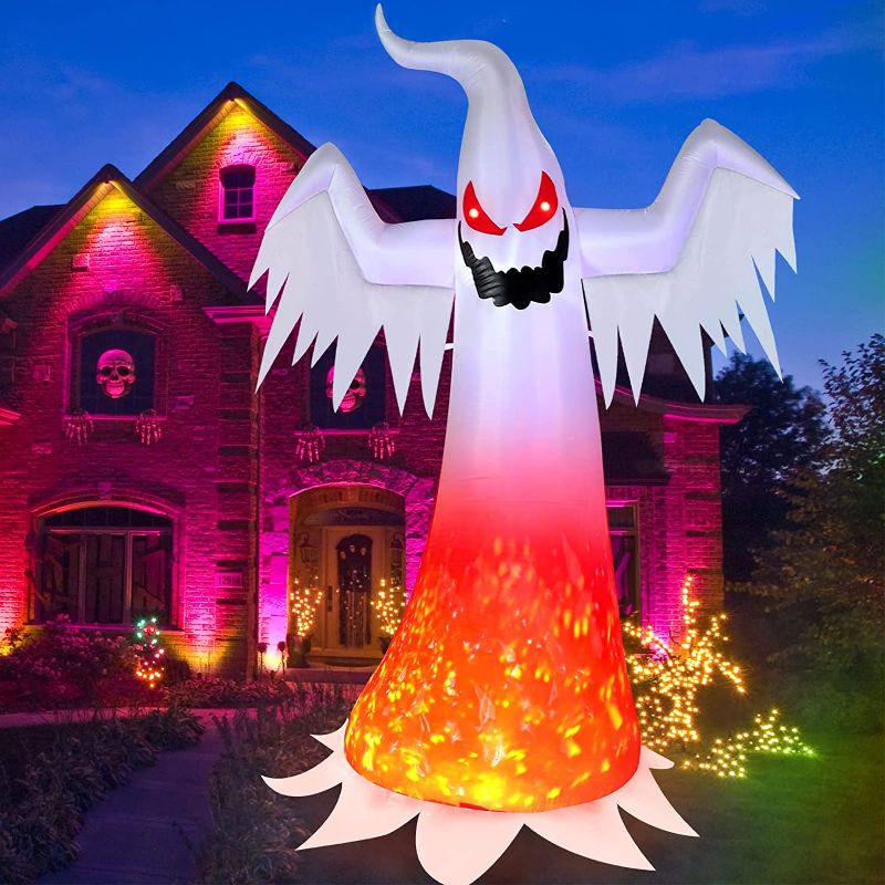 Photo 1 of Halloween Inflatables White Ghost 8 Feet, Spooky Outdoor Decorations Blow up Ghost for Yard Patio Lawn Garden Home House Decor, IP44 Weather Proof, Creepy Ghost with Evil Soul, Burning Fire Flame