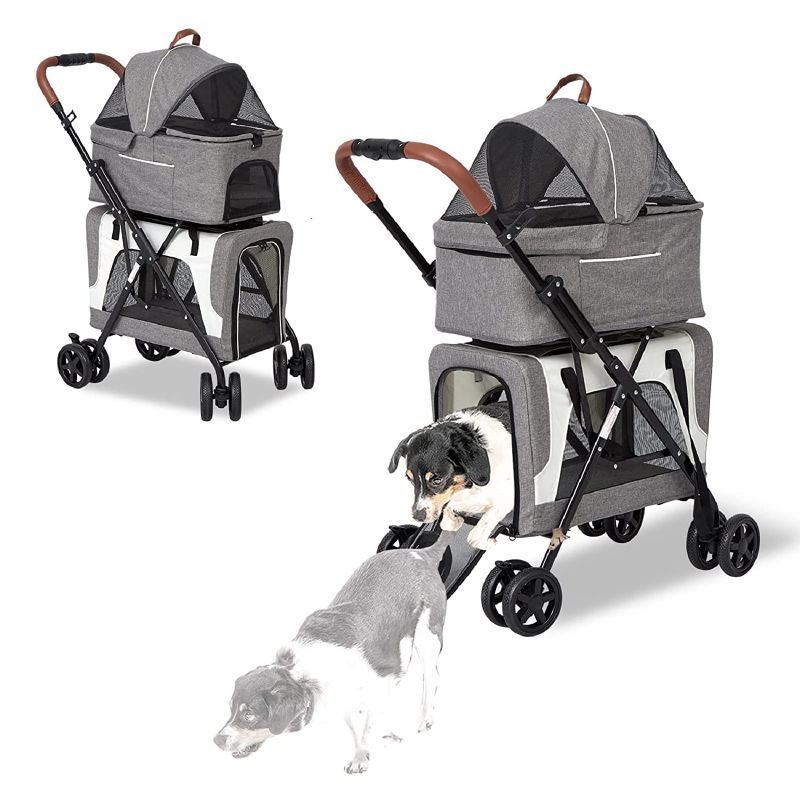 Photo 1 of Dog Stroller for Small Pet, Double Cat Stroller - No Zip Dog Strollers for 2 Dogs, 4 in 1 Dog Jogging Stroller with Detachable Carrier, Safety Belt, Removable Liner, Storage Pocket, Grey
