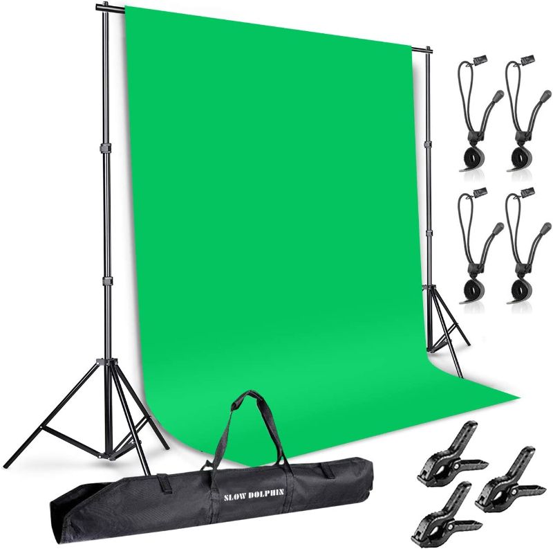 Photo 1 of SLOW DOLPHIN Photo Background Support System with Backdrop Stand Kit, 100% Pure Muslin 6.5 Ft x 10 Ft Chromakey Green Screen Backdrop,Clamp, Carry Bag for Photography Video Studio
