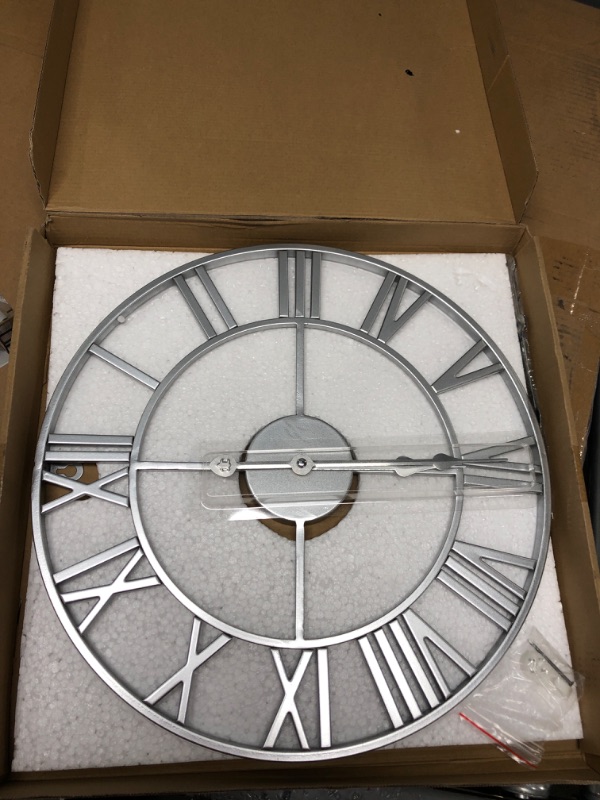 Photo 1 of Large Silent Non-Ticking Wall Clock Roman Numerals Vintage Battery Operated (24 inch,18inch,16inch) Farmhouse Wall Clock for Living Room, Bedroom, Kitchen, Cafe Decor-Silver Silver 18inch
