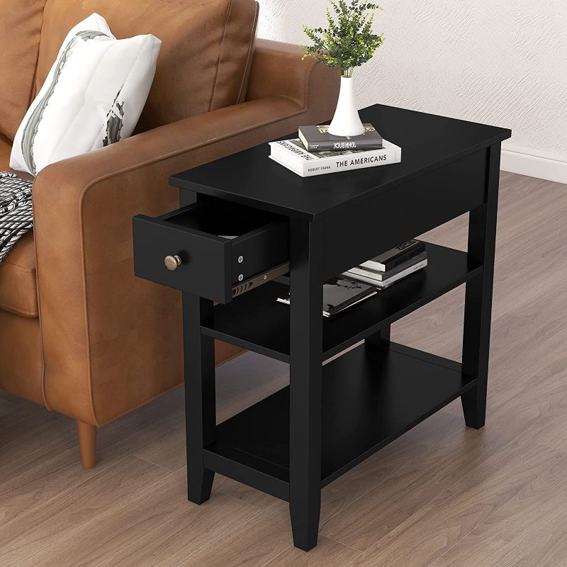 Photo 1 of ChooChoo Side Table Living Room, Narrow End Table with Drawer and Shelf, 3-Tier Sofa End Table for Small Space, Black

