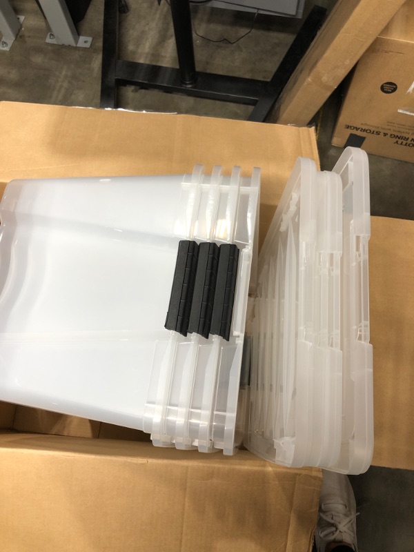 Photo 3 of IRIS USA 72 Qt. Plastic Storage Bin Tote Organizing Container with Durable Lid and Secure Latching Buckles, Stackable and Nestable, 4 Pack, clear with Black Buckle g) 72 Qt. - 4 Pack
