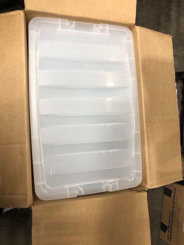 Photo 2 of IRIS USA 72 Qt. Plastic Storage Bin Tote Organizing Container with Durable Lid and Secure Latching Buckles, Stackable and Nestable, 4 Pack, clear with Black Buckle g) 72 Qt. - 4 Pack