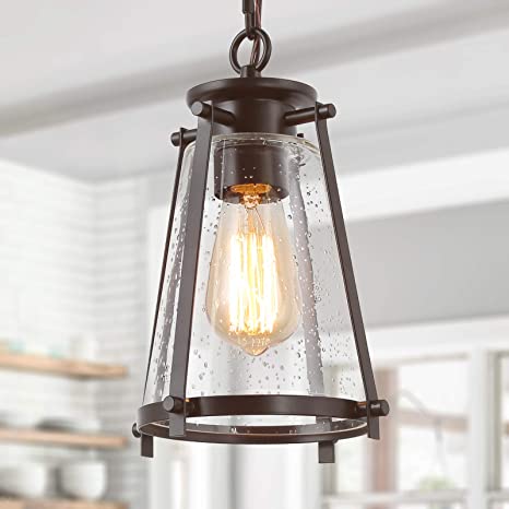 Photo 1 of GEPOW Farmhouse Pendant Lighting for Kitchen Island, Rustic Hanging Light Fixture with Seeded Glass Shade for Bedroom, Foyer and Entryway, Bronze
