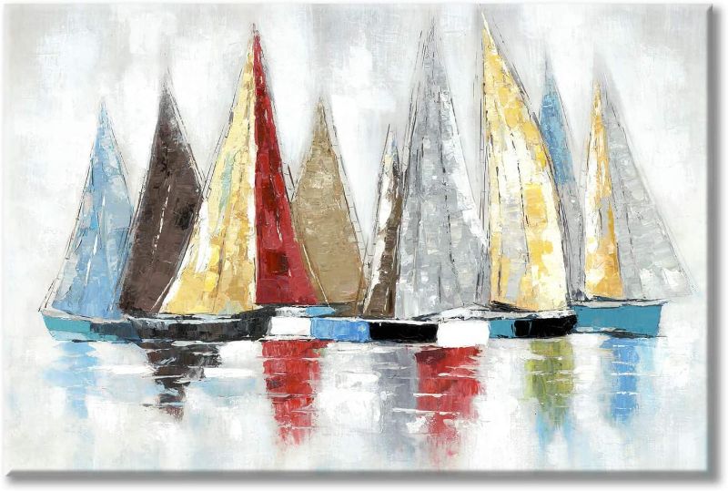 Photo 1 of Abstract Sailboat Canvas Wall Art: Colorful Boat Painting Quiet Seascape Artwork Painting for Living Room(36'' x 24'' x 1 Panel)
