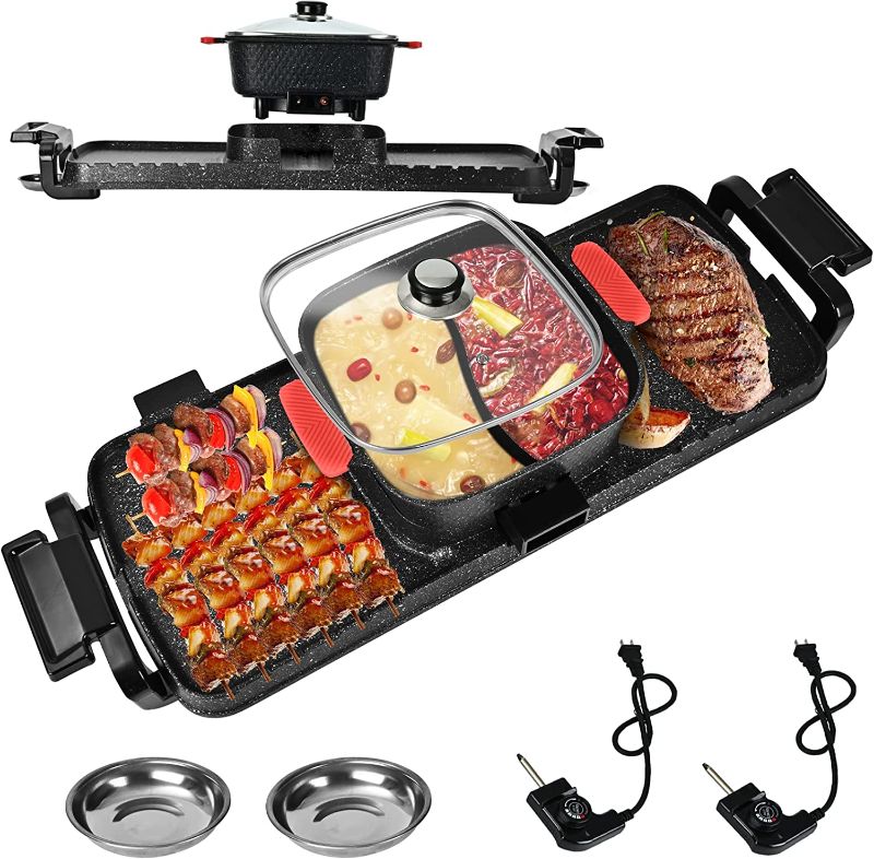 Photo 1 of GELTTULU Hot Pot with Grill, 2700W 3 in 1 Electric Korean BBQ Grill Smokeless and Separable Hot Pot for 7-10 People, Dual Temperature Control, 5 Speed Adjustable, Oil Spill Dish for Simmer,Fry, Roast, Black