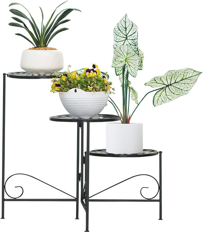 Photo 1 of 3 Tier Folding Metal Plant Stand, 23 inch Corner Flower Stand Foldable Classic Flower Pot Holder, Modern Plant Flower Pot Rack for Indoor Outdoor Garden - Black
