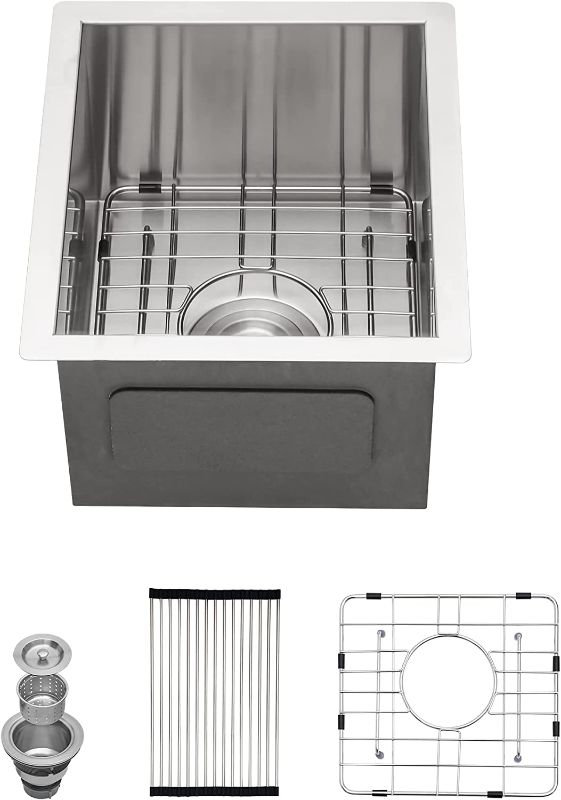 Photo 1 of **MINOR DAMAGE** Small Wet Bar Sink - Logmey Undermount Single Bowl Kitchen Sink,13 X 15 Inch Stainless Steel Prep Kitchen Sink with Utility Accessories Drain Assembly & Bottom Grid & Roll Up Rack
