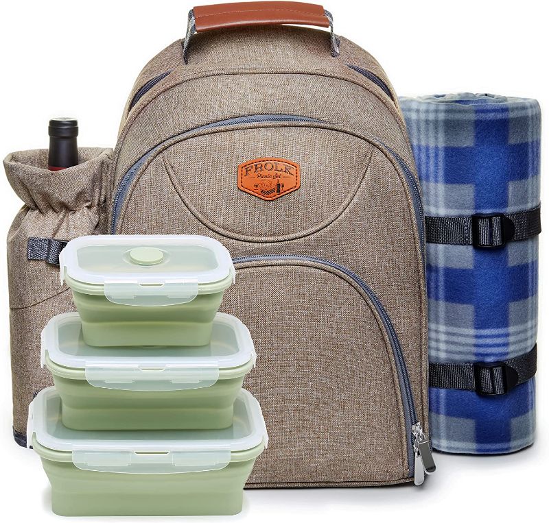Photo 1 of Frolk Picnic Backpack Set for 4 - Picnic Basket Backpack Kit with 4 Cutlery Sets, Cooler Compartment, Wine Holder, Picnic Blanket, 3 Food Storage Containers - Picnic Gift for Men and Women