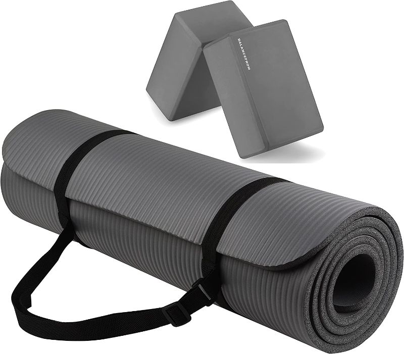 Photo 1 of **MINOR DAMAGE TO MAT** BalanceFrom All Purpose 1/2-Inch Extra Thick High Density Anti-Tear Exercise Yoga Mat with Carrying Strap and Yoga Blocks
